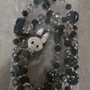 Cute Black and Gold Beaded Labubu Purse Strap